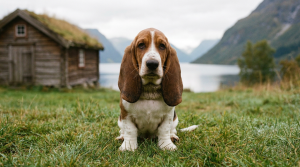 En söt, skrynklig Basset Hound valp med långa öron sitter i grönt gräs.